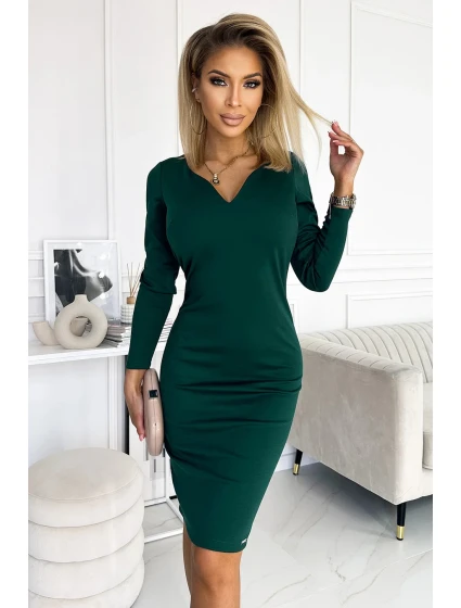 ANGELA - Klasické dámske šaty vo fľaškovo zelenej farbe s výstrihom a dlhými rukávmi 403-1