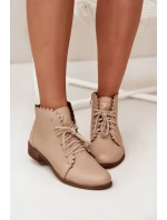 Zazoo 2964 Skórzane Botki Na Płaskim Obcasie Beżowe