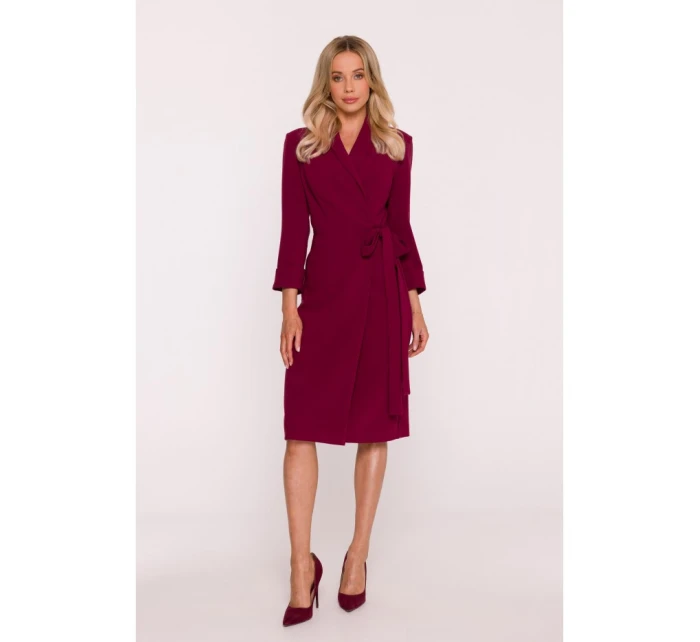 S415 Košeľové šaty viazané v páse - bordové