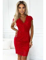 316-9 Čipkované šaty s krátkymi rukávmi a výstrihom - ČERVENÉ