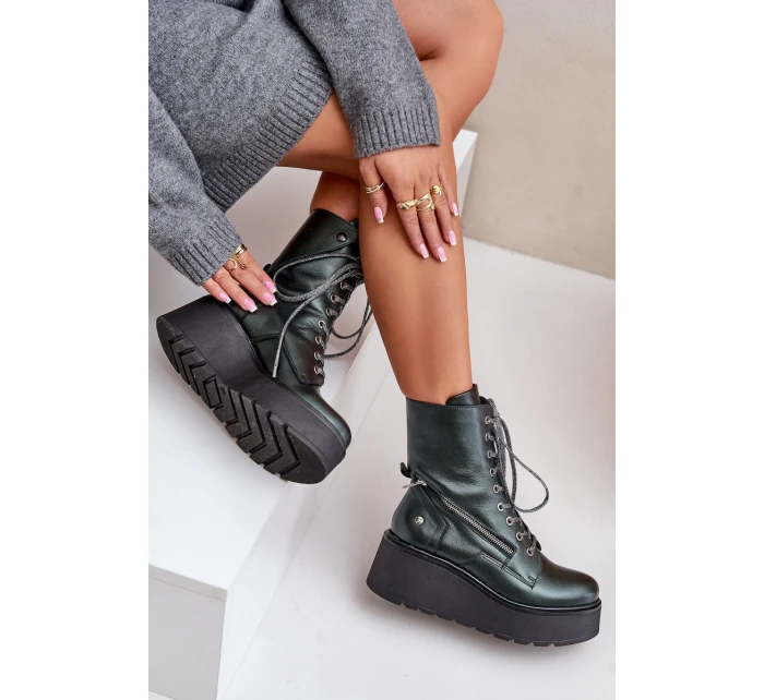 Kožené Botky Workery Na Platformě A Klínu model 21678213 Zelené - Maciejka