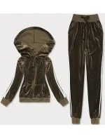 Velúrový teplákový komplet v khaki farbe s lampasmi (YP-9964)