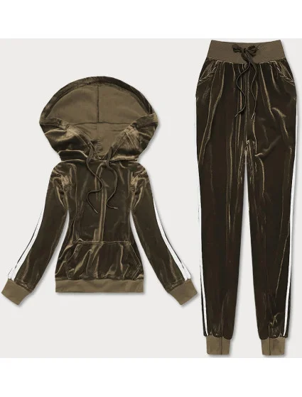 Velúrový teplákový komplet v khaki farbe s lampasmi (YP-9964)