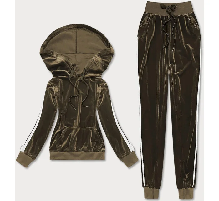 Velúrový teplákový komplet v khaki farbe s lampasmi (YP-9964)