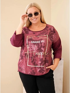 Dámska bavlnená blúzka Plus Size s potlačou a výstrihom do U, slivková