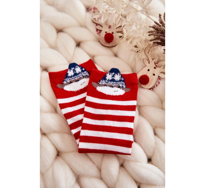 Młodzieżowe Skarpety W Paski Z Misiem Biało-Czerwone