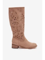 Dámske perforované čižmy na podpätku Helinna - khaki