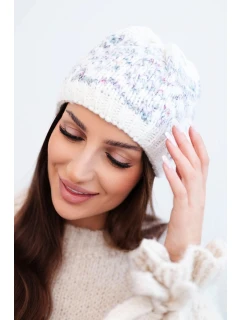 Dámska zimná vlnená čiapka s nórskym vzorom K354 ecru+purple