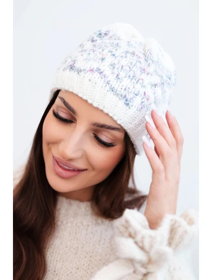 Dámska zimná vlnená čiapka s nórskym vzorom K354 ecru+purple