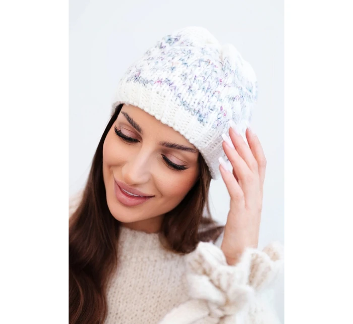 Dámska zimná vlnená čiapka s nórskym vzorom K354 ecru+purple