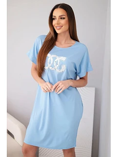 Dámské viskózové šaty s krátkým rukávem a ozdobným potiskem modré