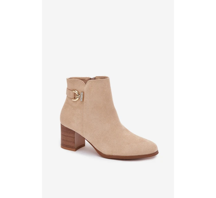 Ocieplane Botki Damskie Na Słupku Ze Złotym Detalem Beżowe Renora Ocieplane Botki Damskie Na Słupku Ze Złotym Detalem Beżowe Renora