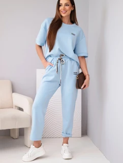 Dámsky viskózový maslový komplet s krátkym rukávom, nohavicami a rozšírenými nohavicami modrej farby