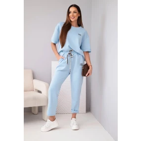 Dámsky viskózový maslový komplet s krátkym rukávom, nohavicami a rozšírenými nohavicami modrej farby