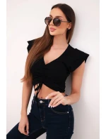 Dámska rebrovaná blúzka na ramienka s volánom čierna