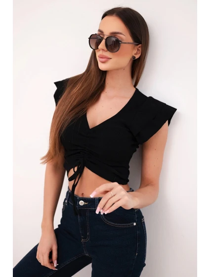 Dámska rebrovaná blúzka na ramienka s volánom čierna