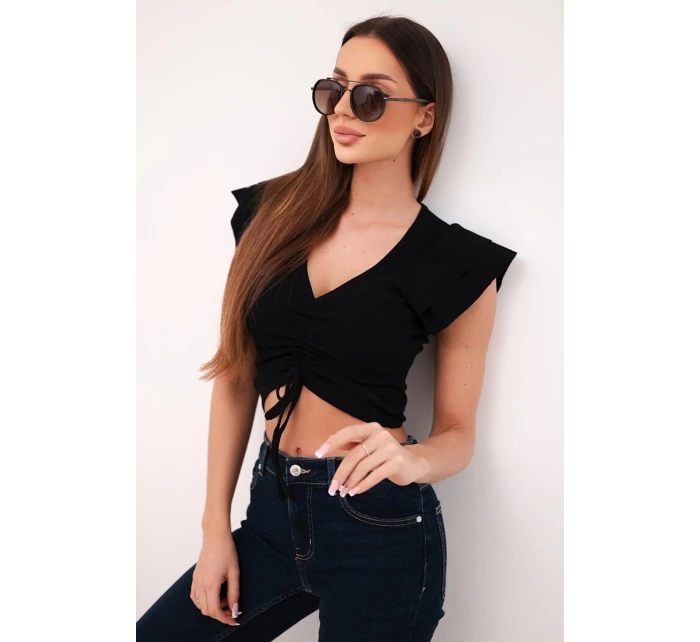 Dámska rebrovaná blúzka na ramienka s volánom čierna
