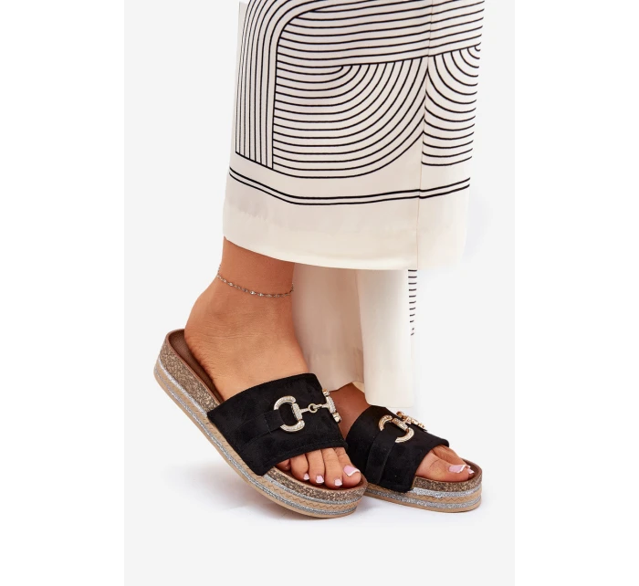 Klapki Damskie Na Platformie Ze Złotą Ozdobą I Brokatem Czarne Morisela Klapki Damskie Na Platformie Ze Złotą Ozdobą I Brokatem Czarne Morisela