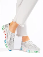 Módne poltopánky dámske Srebrny bez podpätku Módne poltopánky dámske Srebrny bez podpätku