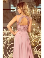 LEA - Dlhé dámske šaty vo farbe taupe bez rukávov, s vyšívaným výstrihom 215-5 LEA - Dlhé dámske šaty vo farbe taupe bez rukávov, s vyšívaným výstrihom 215-5