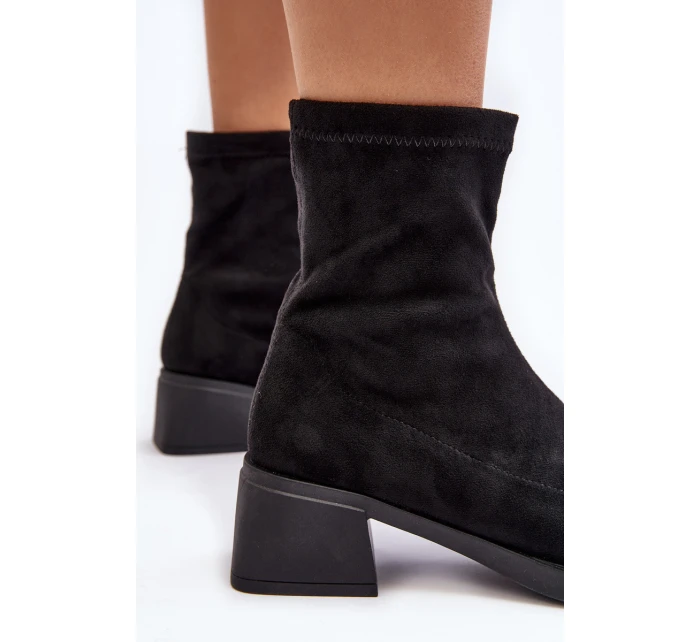 Botki Damskie Na Niskim Obcasie Czarne Aphroteia - Zamsz