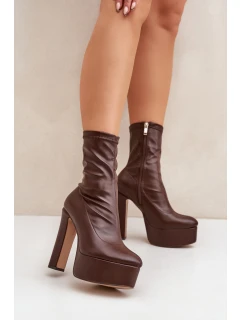 Botki Na Wysokim Obcasie Słupku I Platformie Ciemnobrązowe Tennira