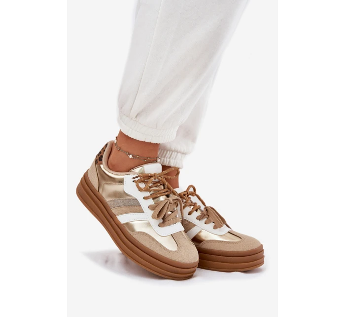 Sneakersy Damskie Na Platformie Z Podwójnym Sznurowaniem Panterka Złote Niteria Sneakersy Damskie Na Platformie Z Podwójnym Sznurowaniem Panterka Złote Niteria
