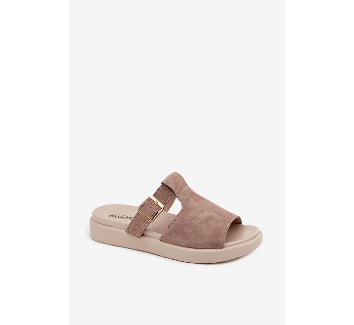 Semišové dámské pantofle na platformě se zlatou přezkou tmavě béžové Zemela