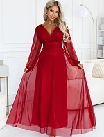 684-1 NERISSA – elegantné tylové maxi šaty s výstrihom do V – svetlo vínová