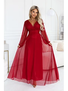 684-1 NERISSA – elegantné tylové maxi šaty s výstrihom do V – svetlo vínová