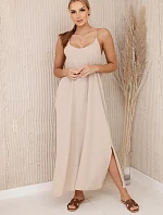 Dlhé šaty bez ramienok tmavo béžové