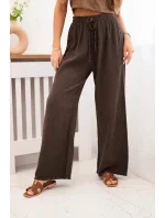 Mušelínové nohavice so širokými nohavicami hnedej farby