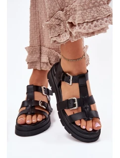 Sandały Damskie Eko Skórzane Z Klamrami Czarne Jeneliena