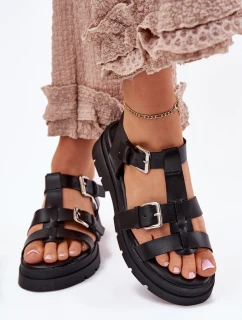 Sandały Damskie Eko Skórzane Z Klamrami Czarne Jeneliena