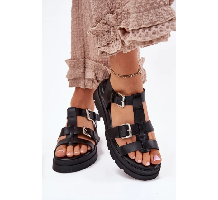 Sandały Damskie Eko Skórzane Z Klamrami Czarne Jeneliena Sandały Damskie Eko Skórzane Z Klamrami Czarne Jeneliena