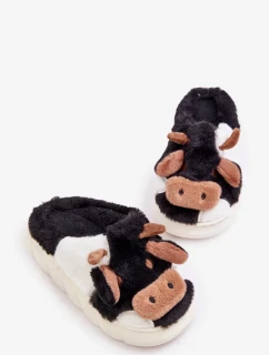 Detské chlpaté papuče s motívom kravy Black Tamorrin