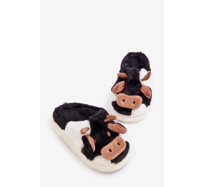 Detské chlpaté papuče s motívom kravy Black Tamorrin