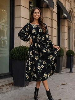 Ann Gissy Kvetinové kimono šaty s okrúhlym výstrihom čierne/béžové (XY202116)