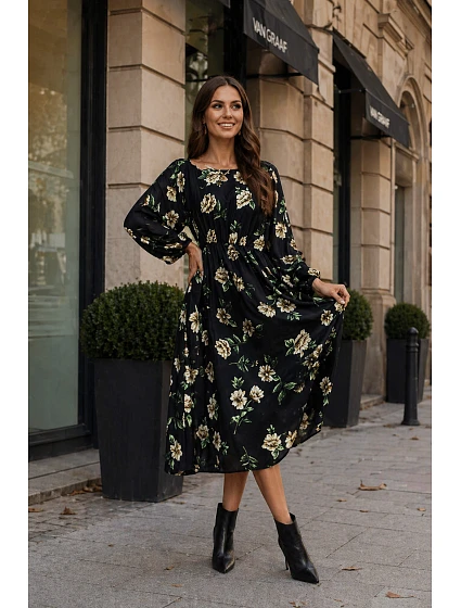 Ann Gissy Kvetinové kimono šaty s okrúhlym výstrihom čierne/béžové (XY202116)