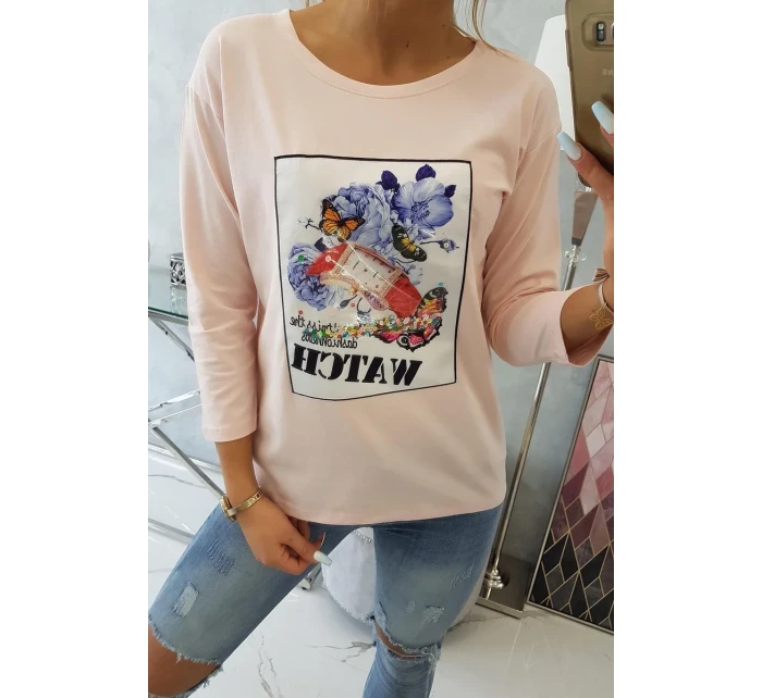 Blúzka s 3D grafikou Watch powder pink