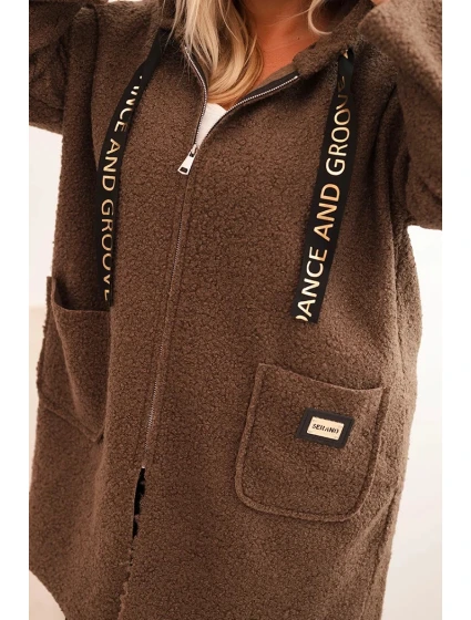 Dámska bunda Plus Size s kapucňou a vreckami camel