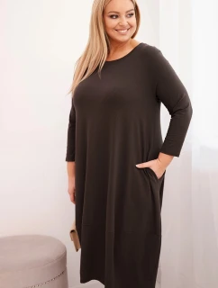 Dámská bavlněná model 21798737 Plus Size s ohrnutým rukávem a kapsami hnědá - K-Fashion