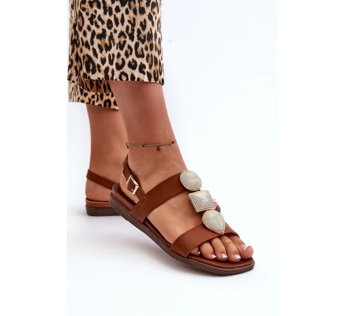 Sandały Damskie Płaskie Z Ozdobami Sergio Leone SK072H Brązowe