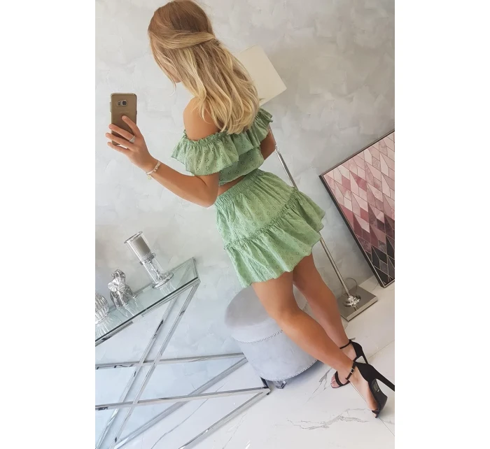 Vyšívaný komplet s pruhovanou blúzkou tmavo mätový