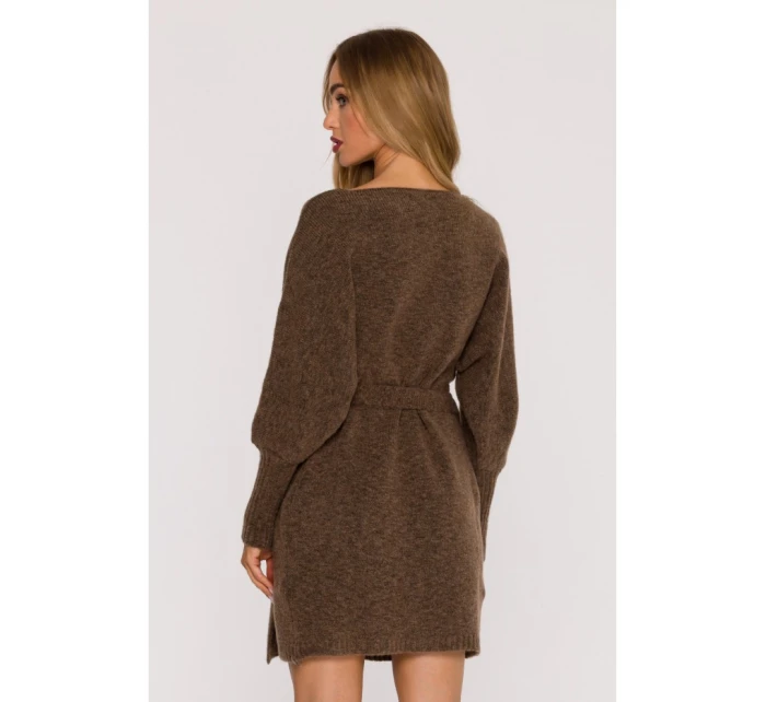 model 21484554 Zavinovací svetrové šaty s vázáním karamelové - Moe