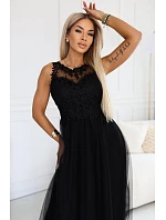 672-4 Romantické maxi šaty s vyšívanou krajkou a tylem - černé