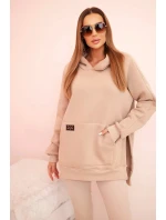 Dámska bavlnená súprava s kapucňou a legínami s vysokým pásom béžová