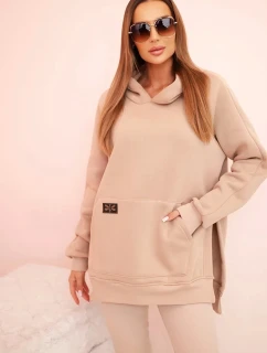 Dámska bavlnená súprava s kapucňou a legínami s vysokým pásom béžová