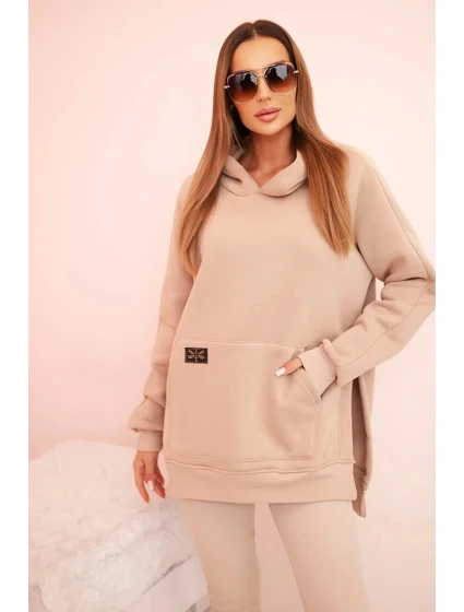 Dámska bavlnená súprava s kapucňou a legínami s vysokým pásom béžová
