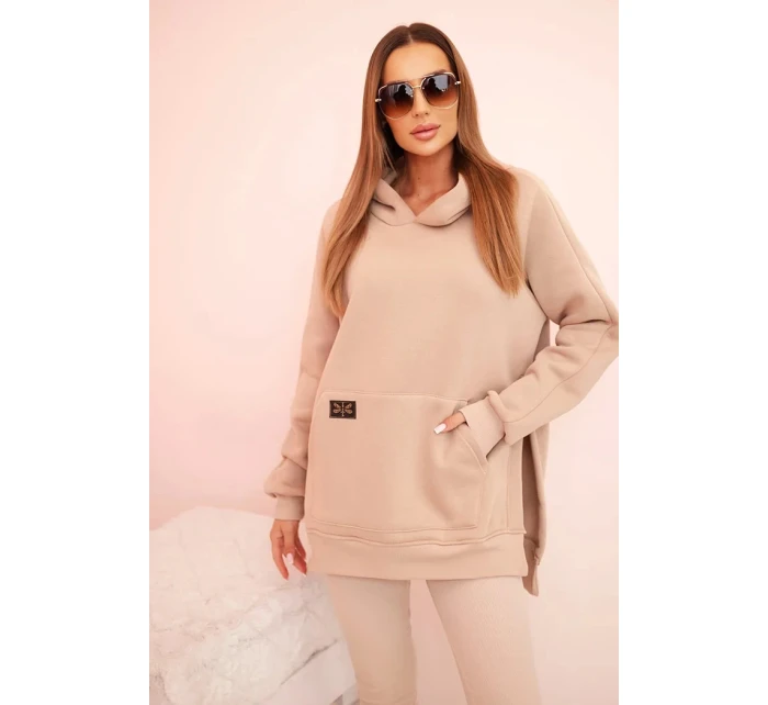 Dámska bavlnená súprava s kapucňou a legínami s vysokým pásom béžová